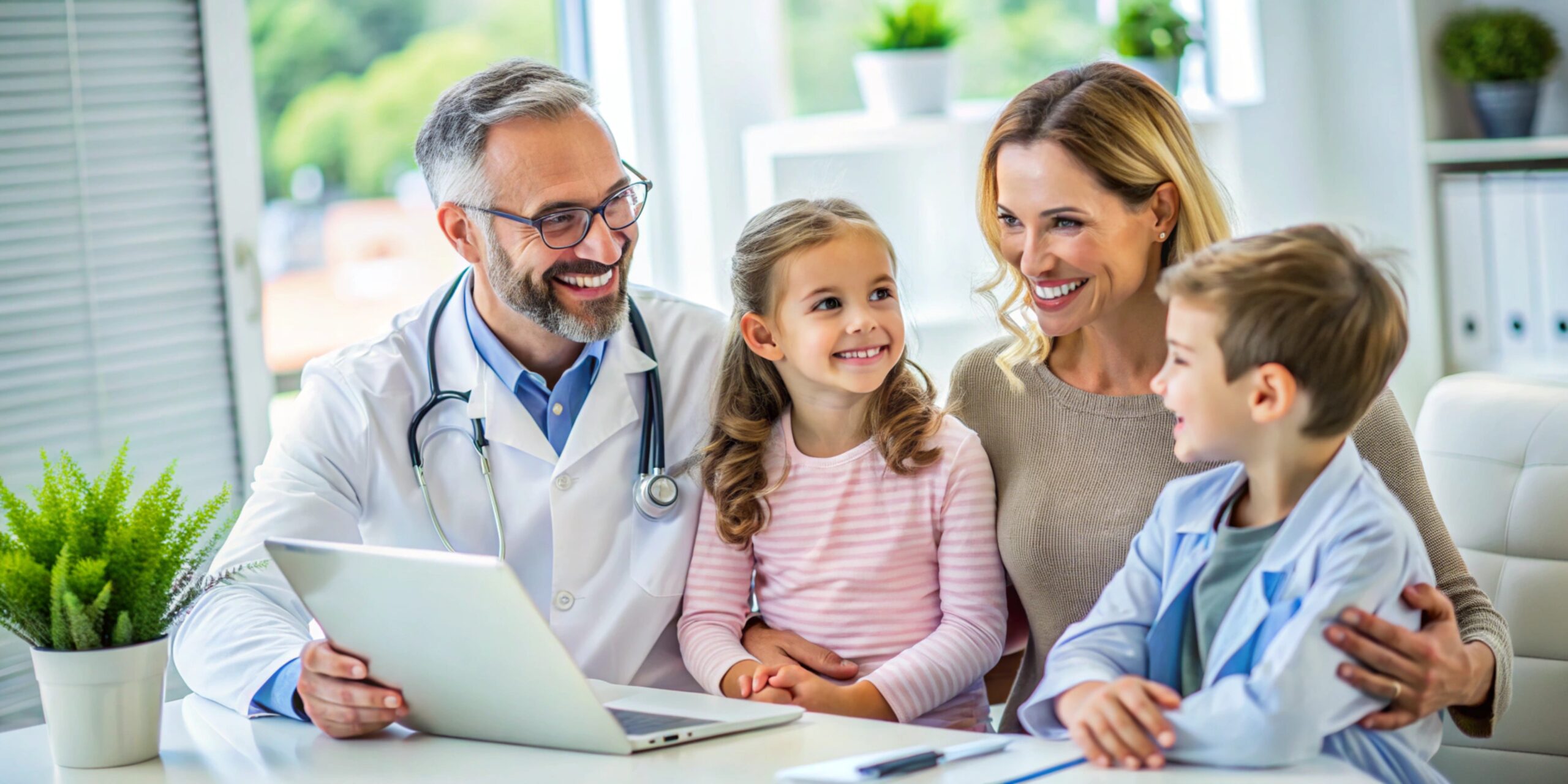 Happy family on a visit to the doctor in the office of a doctor